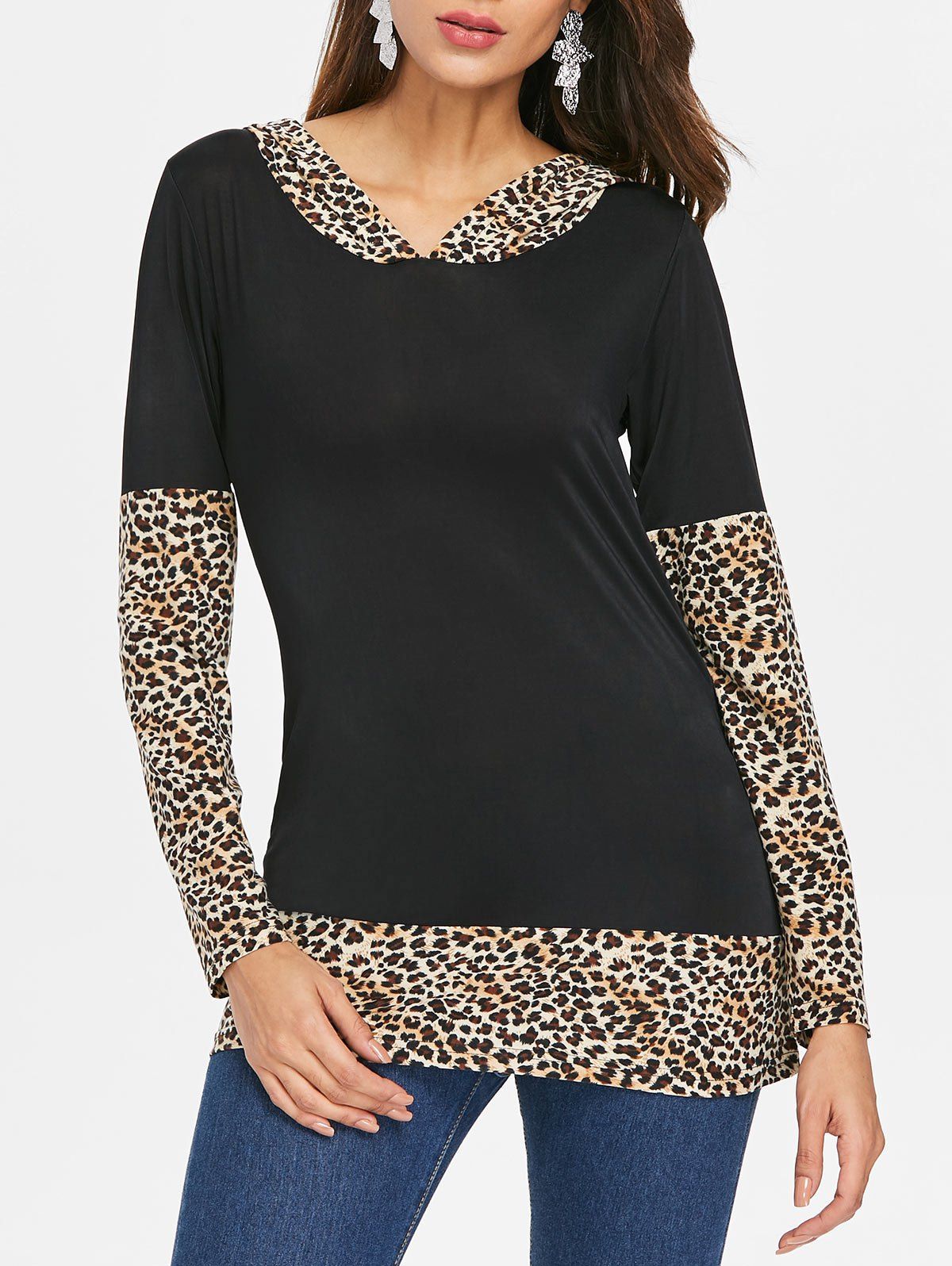 

Long Sleeve Leopard Print Insert T-shirt, Multi-a