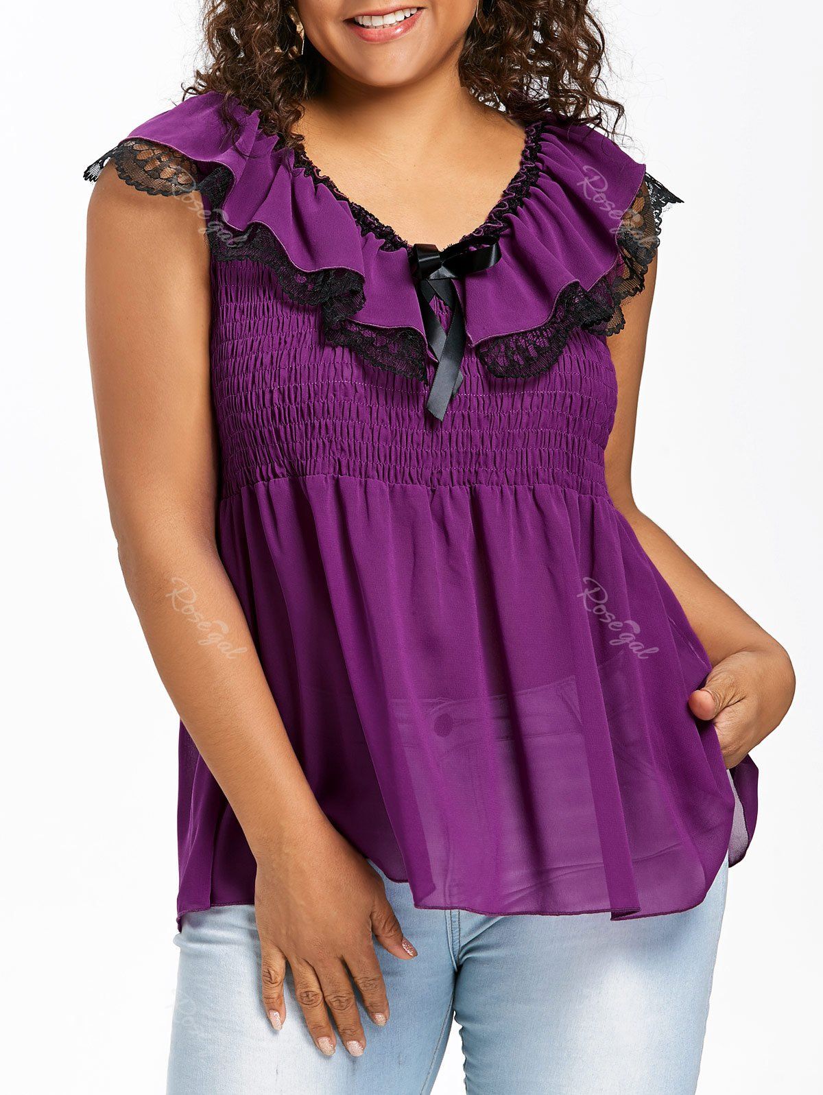 Plus Size Smocked Lace Trim Blouse, Purple jam
