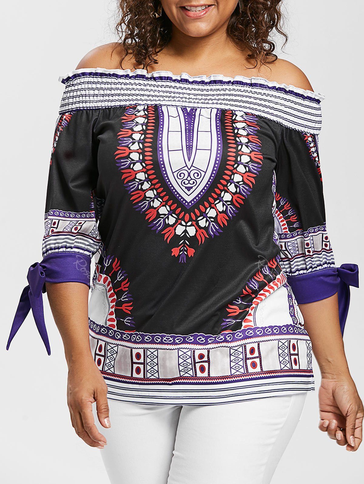 

Plus Size Off The Shoulder Printed Blouse With Tie, Black