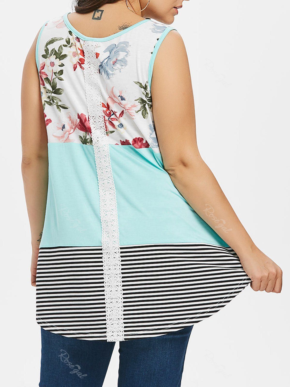 

Floral and Striped Print Plus Size Tank Top, Mint green