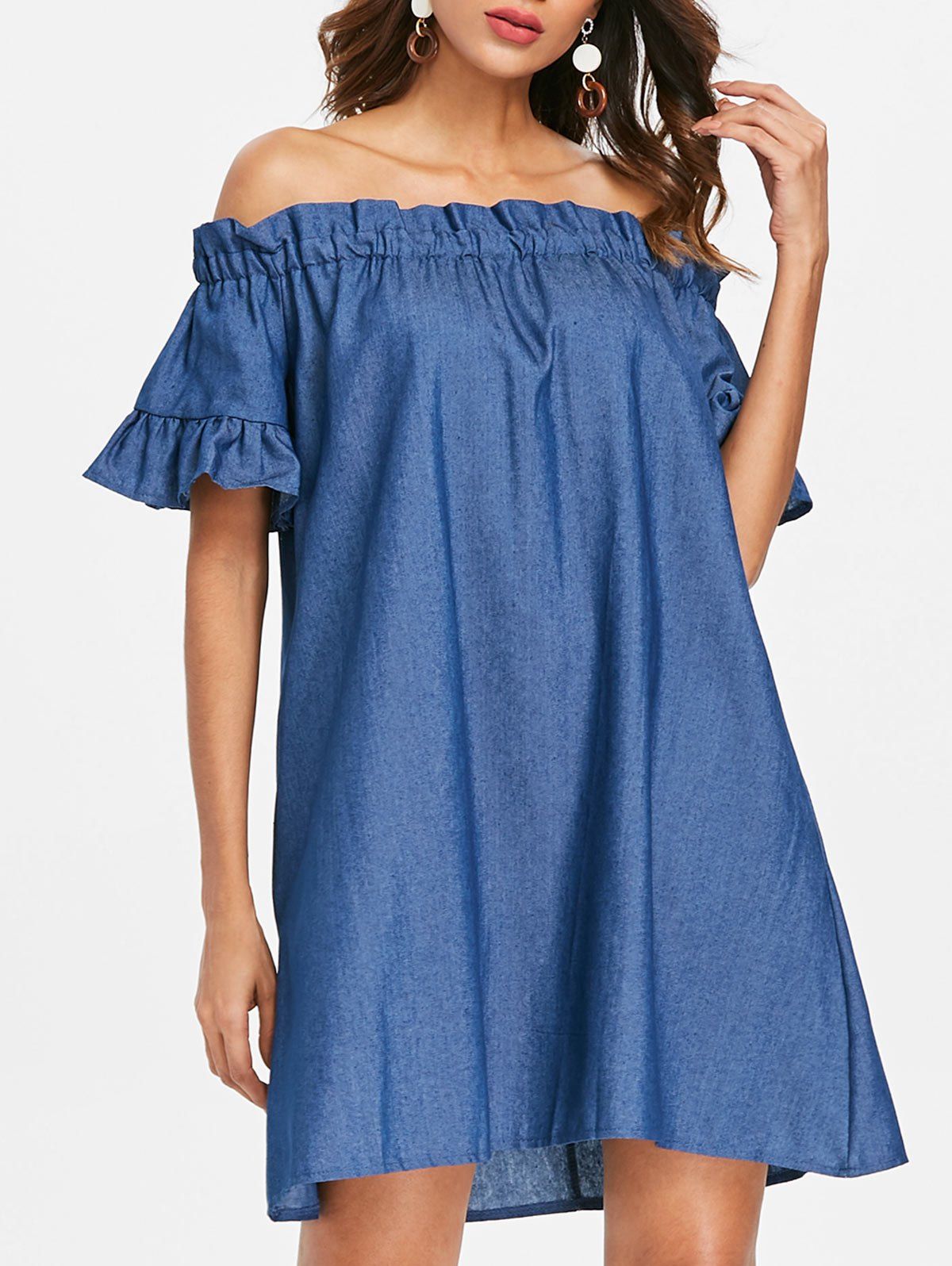 

Off The Shoulder Ruffle Hem Shift Dress, Deep blue