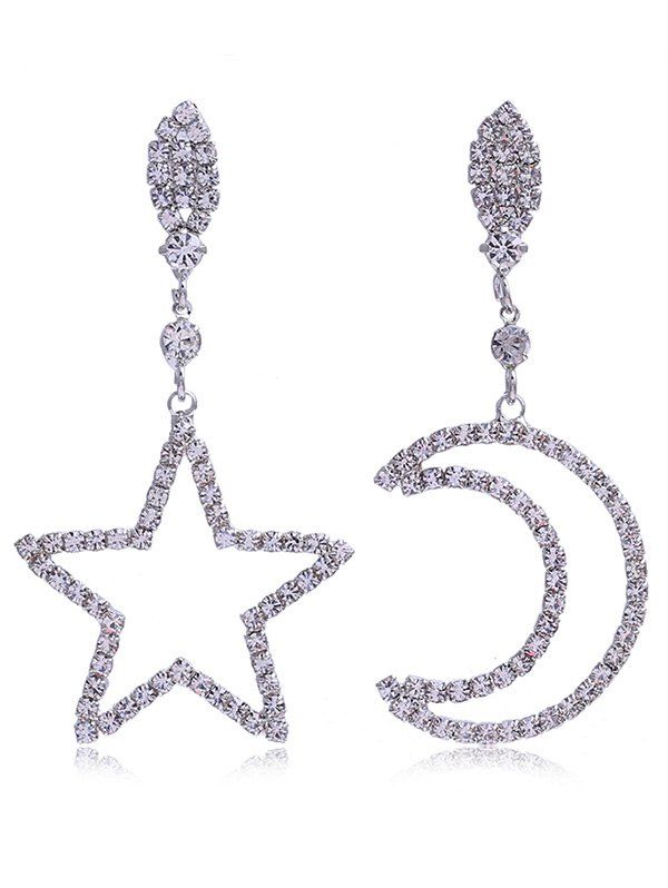 Rhinestone Inlaid Star Moon Asymmetric Earring, Silver