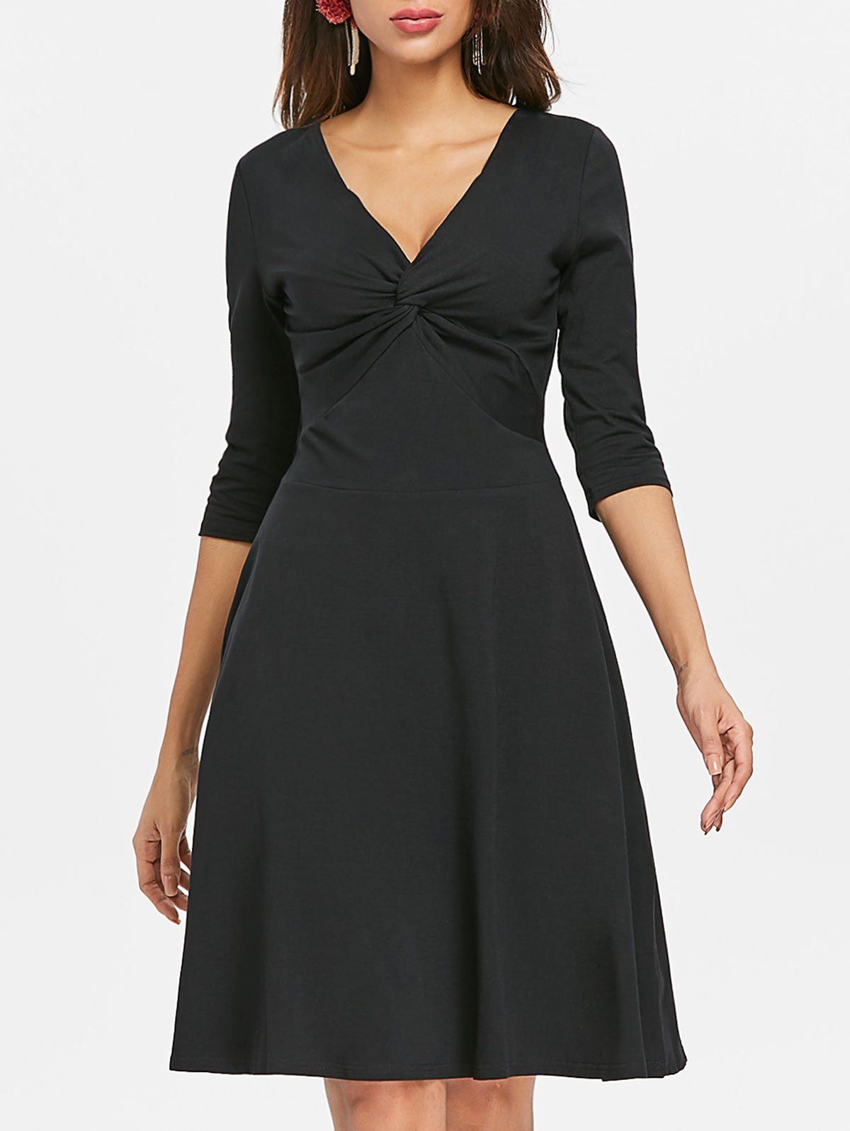 

V Neck Knot A Line Dress, Black