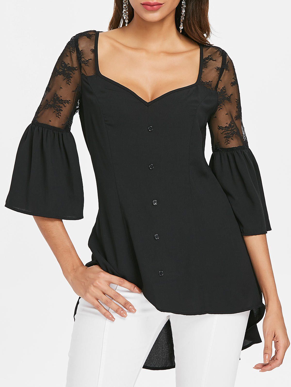 

Flare Sleeve Lace Insert Asymmetrical Blouse, Black