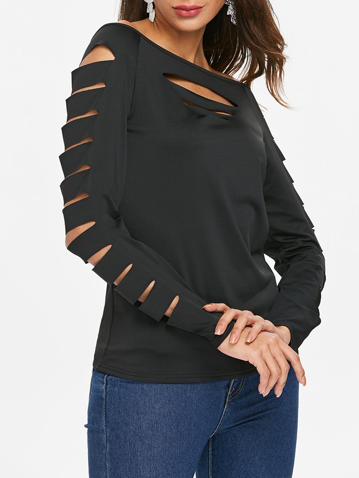 

Boat Neck Cut Out Sleeve Plain T-shirt, Black