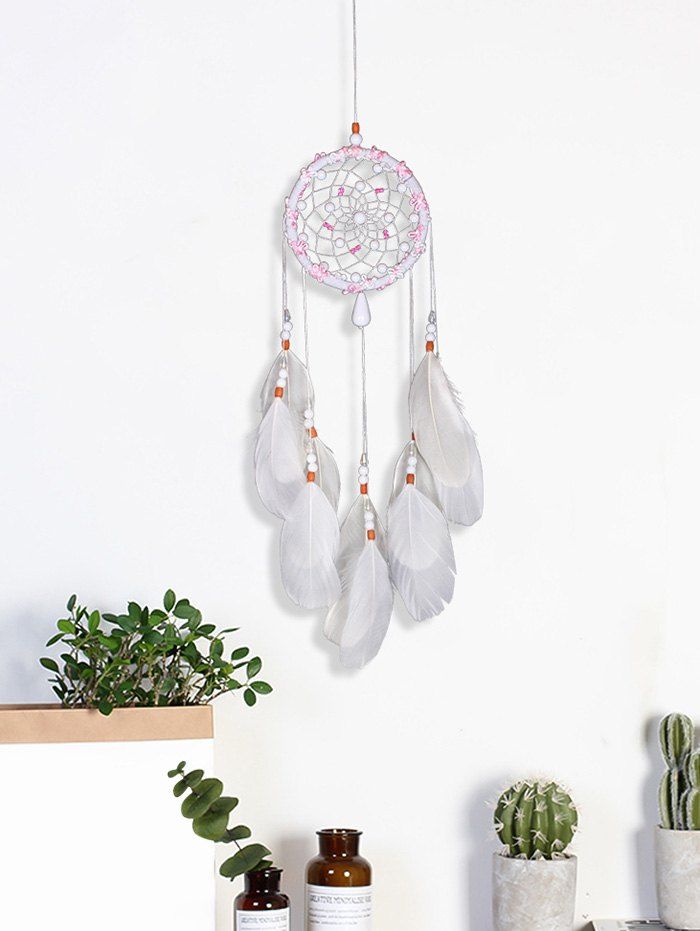 

Feathers Beads Handmade Dream Catcher Wall Hanging, White