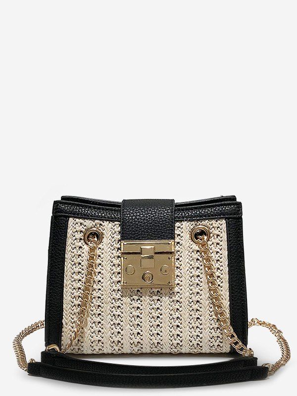 

Hasp Panel Straw Chain Shoulder Bag, Beige