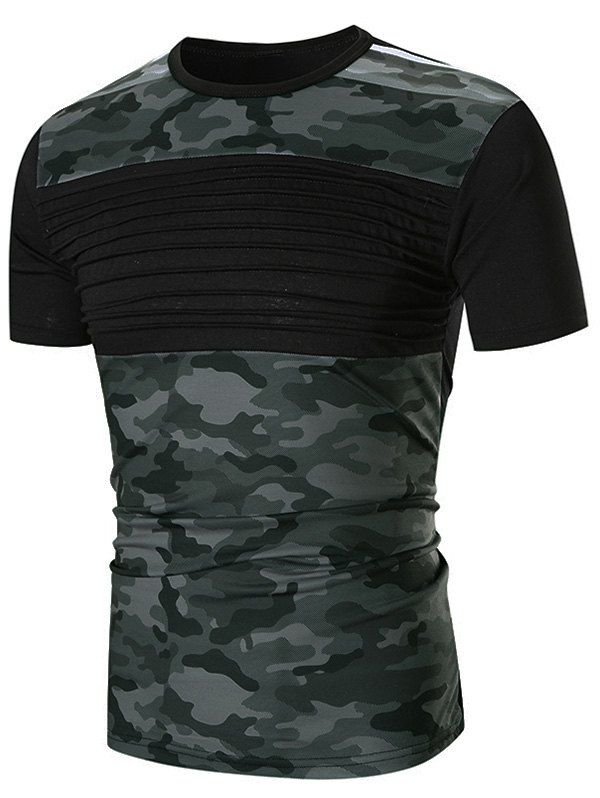 

Chest Pleated Camouflage Patchwork Casual T-shirt, Black
