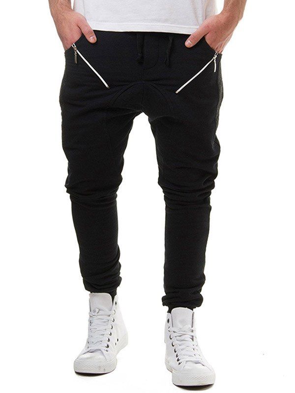 

Drawstring Elastic Waist Oblique Zipper Decorated Jogger Pants, Black