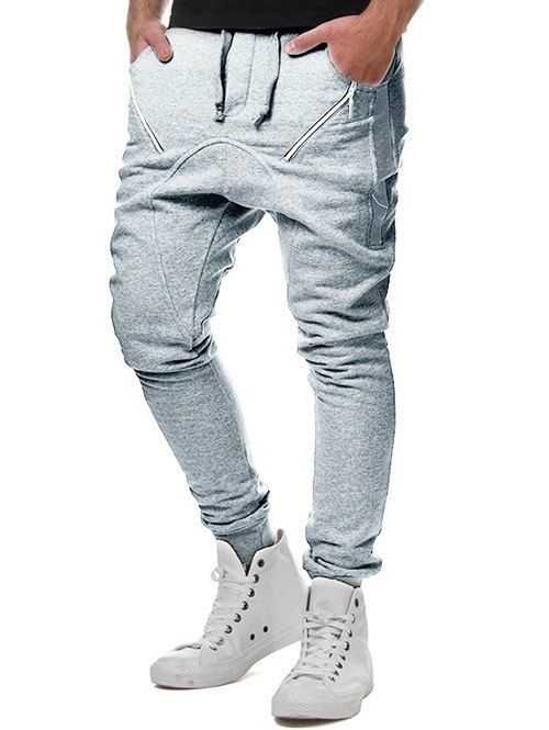 Drawstring Elastic Waist Oblique Zipper Decorated Jogger Pants, Light gray