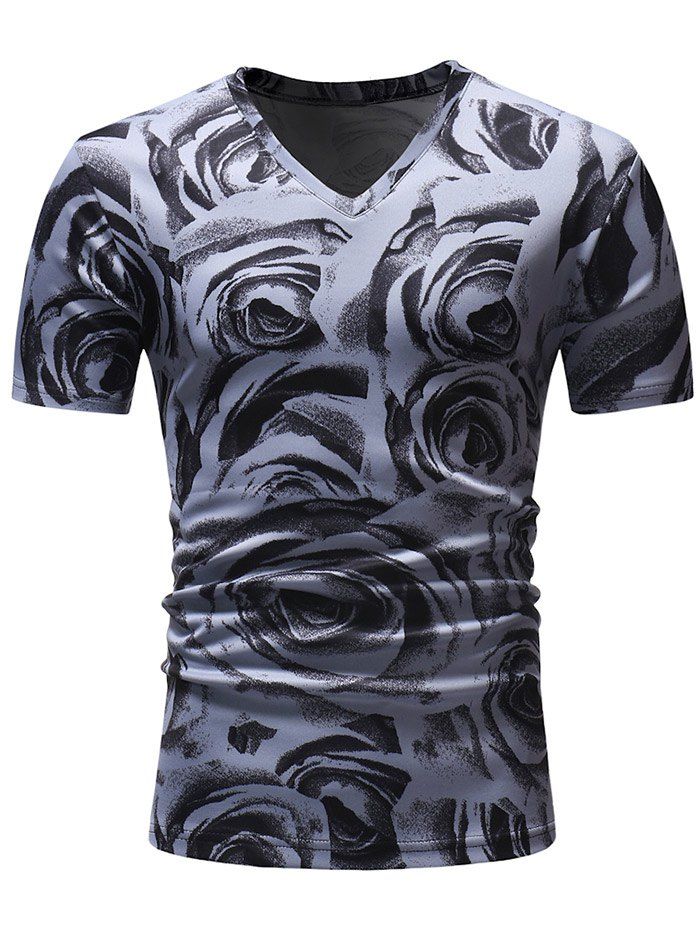 

Roses Print V-neck Short Sleeve Casual T-shirt, Slate blue
