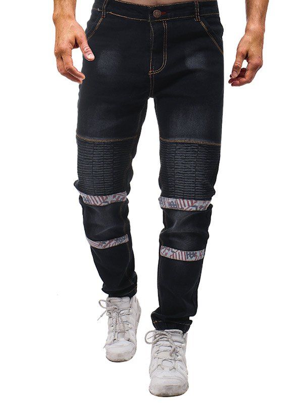 

Stripes Cloth Splicing Elastic Cuffed Skinny Biker Jeans, Black