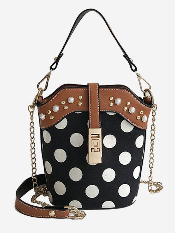 

Polka Dot Faux Pearl Chain Bucket Bag, Black