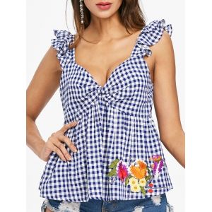 

Embroidered Gingham Sleeveless Blouse, Navy blue