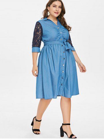 

Belted Plus Size Button Up Denim Dress, Denim dark blue