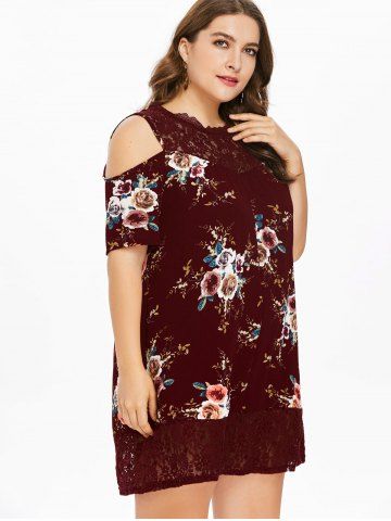 

Plus Size Floral Print Cold Shoulder Dress, Red wine