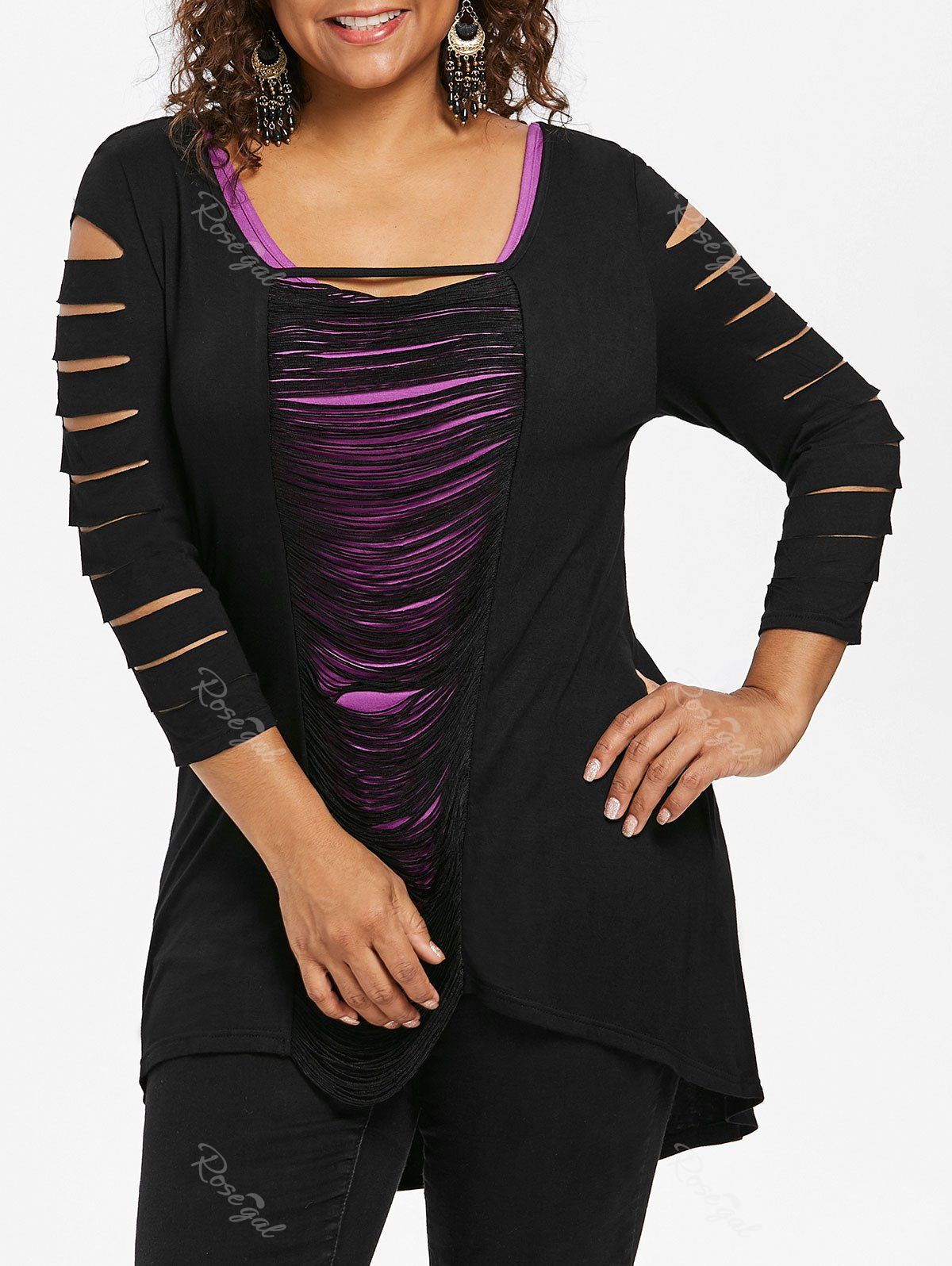 

Plus Size Two Tone Ripped T-shirt and Tank Top, Black