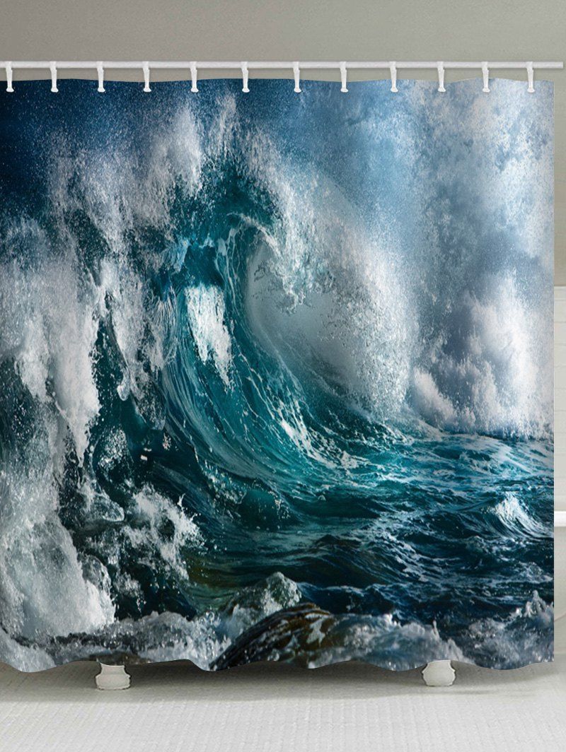 

Sea Wave Printed Waterproof Bathroom Curtain, Windows blue