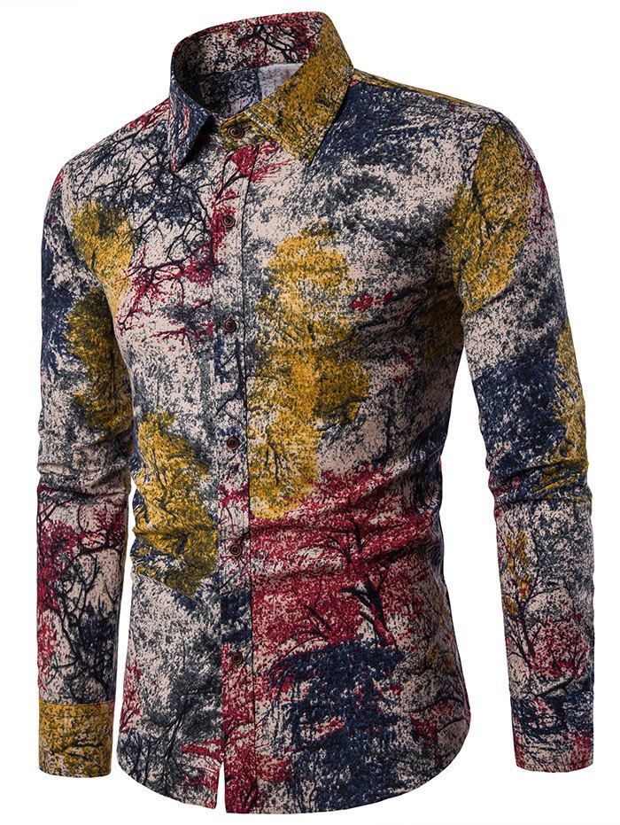 

Tree Ink Painting Print Casual Shirt, Red