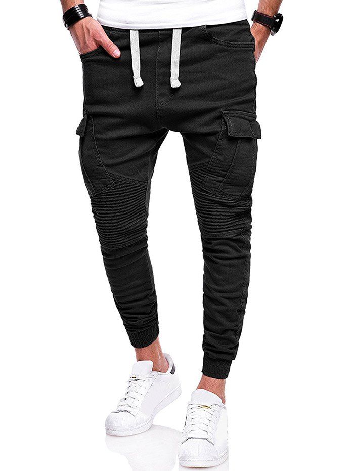 

Pleated Elastic Cuffed Drawstring Casual Cargo Pants, Black