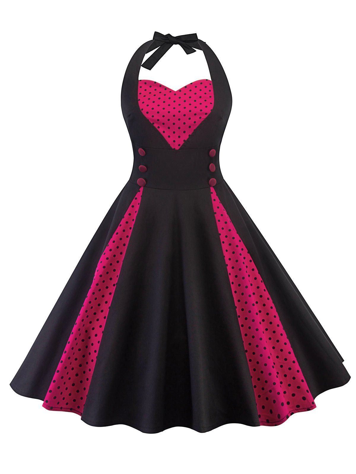 

Polka Dot Insert Halter Neck Vintage Dress, Black