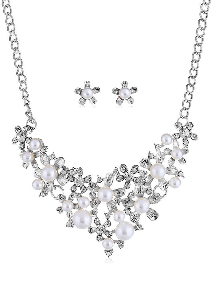 

Rhinestone Inlaid Floral Faux Pearl Wedding Jewelry Set, Silver