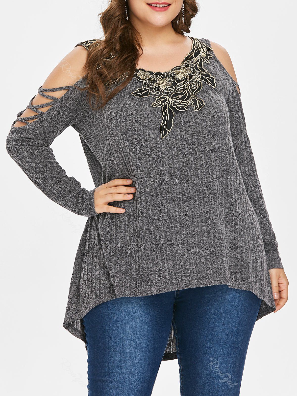 

Plus Size Cold Shoulder Appliqued T-shirt, Gray
