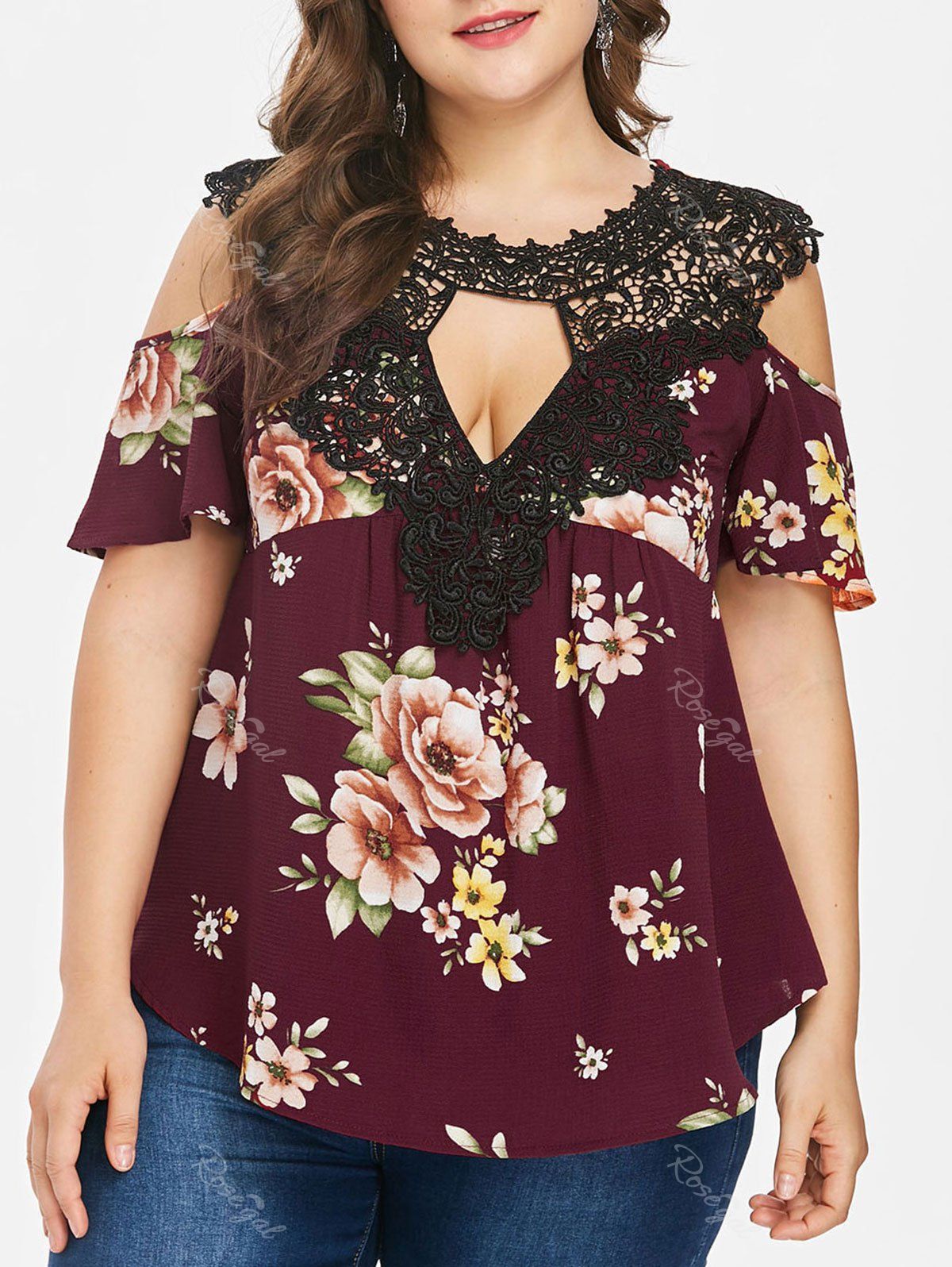 

Plus Size Cold Shoulder Floral Blouse, Red wine