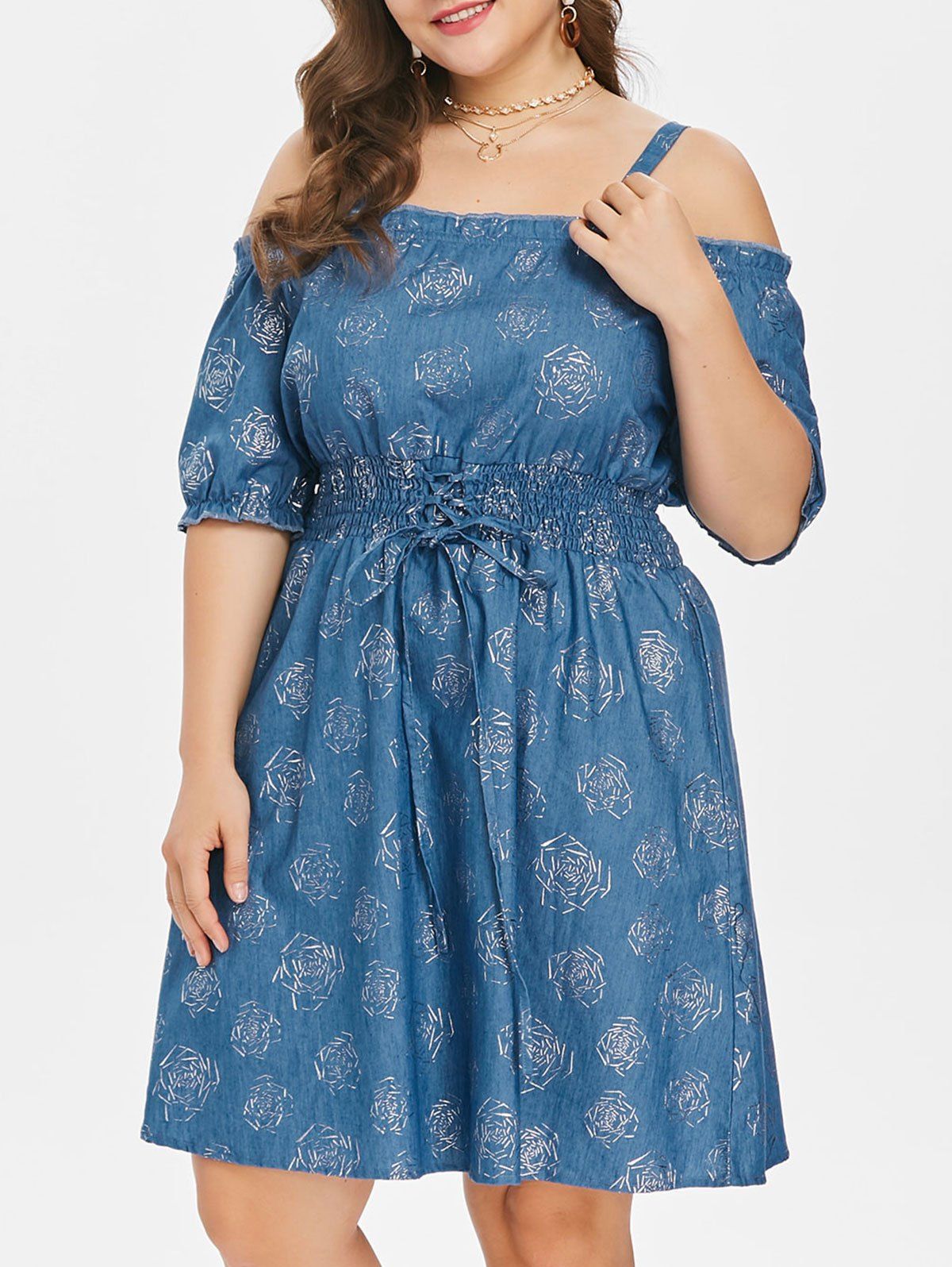 

Rose Print Plus Size Lace Up Mini Dress, Denim blue