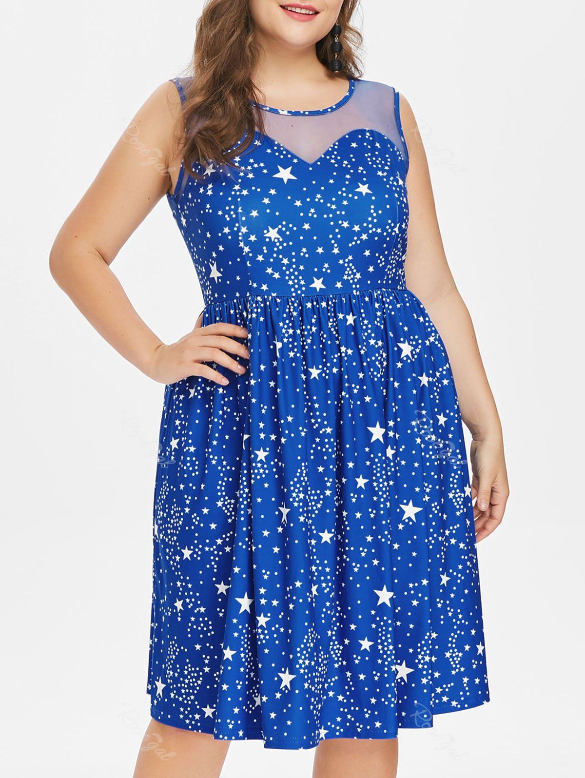 

Plus Size Star Print Mesh Yoke Dress, Blue