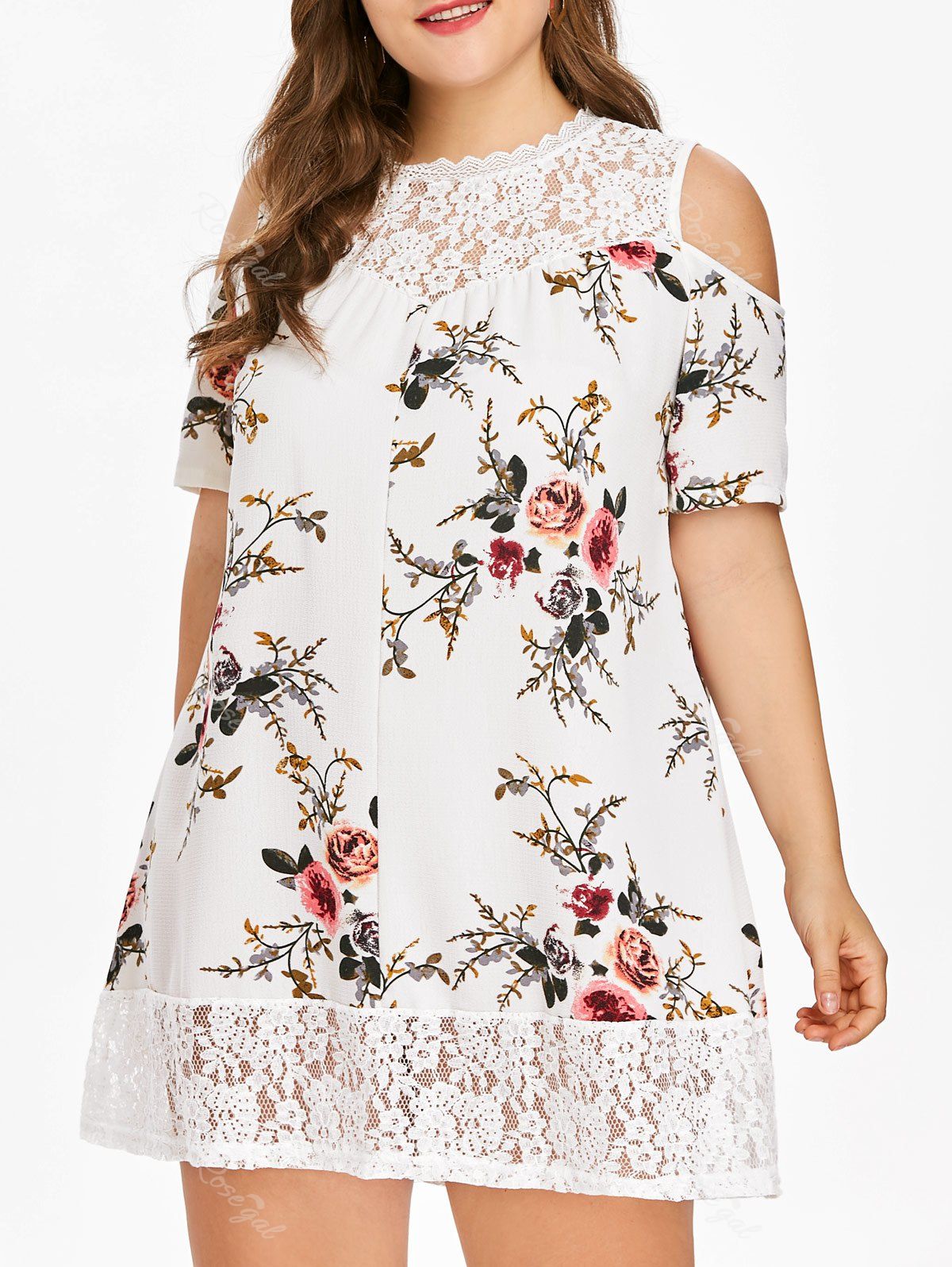 

Plus Size Floral Print Cold Shoulder Dress, Milk white