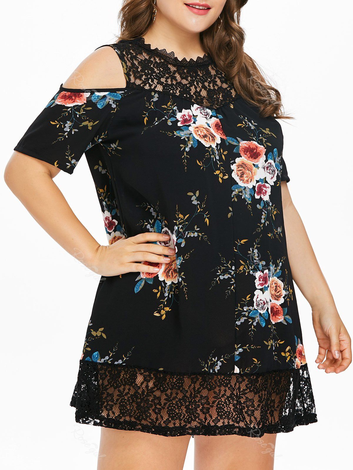 

Plus Size Floral Print Cold Shoulder Dress, Black