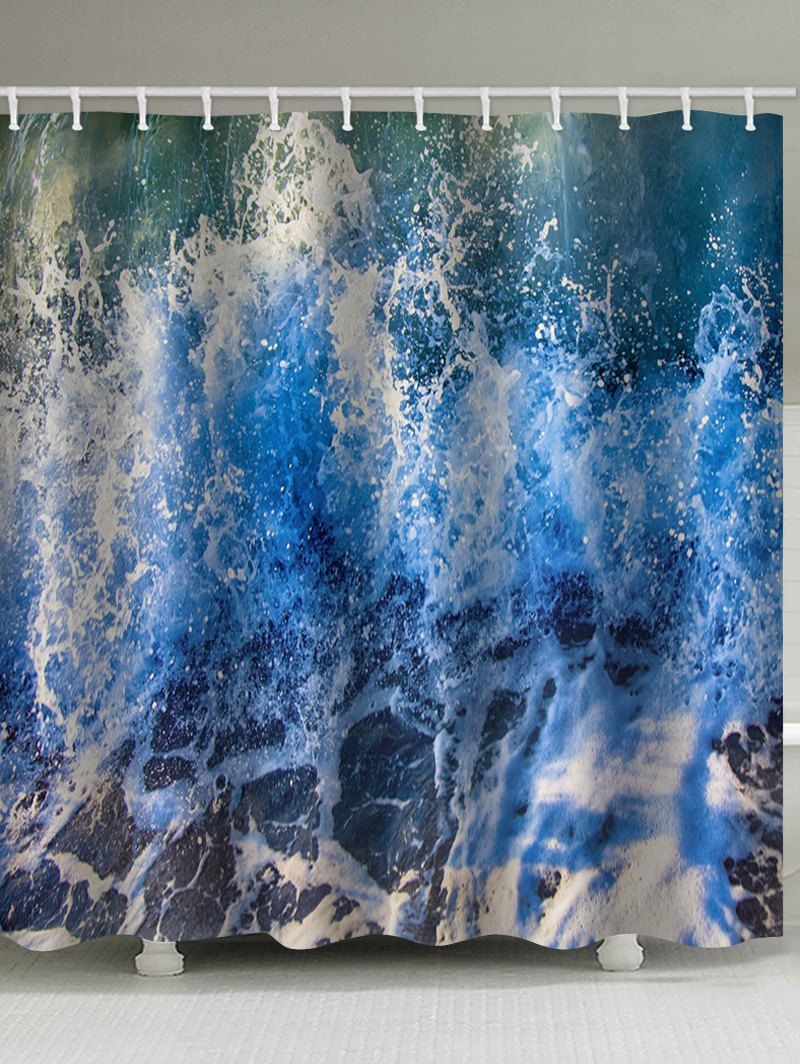 

Ocean Wave Print Waterproof Bathroom Curtain, Ocean blue