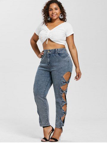 

Plus Size Bow Cut Sides Jeans, Jeans blue