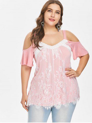 

Plus Size Cold Shoulder Lace Overlay Top, Light pink