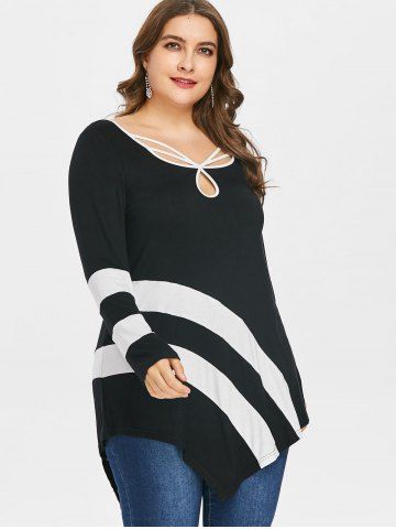 

Plus Size Striped Asymmetric T-shirt, Black