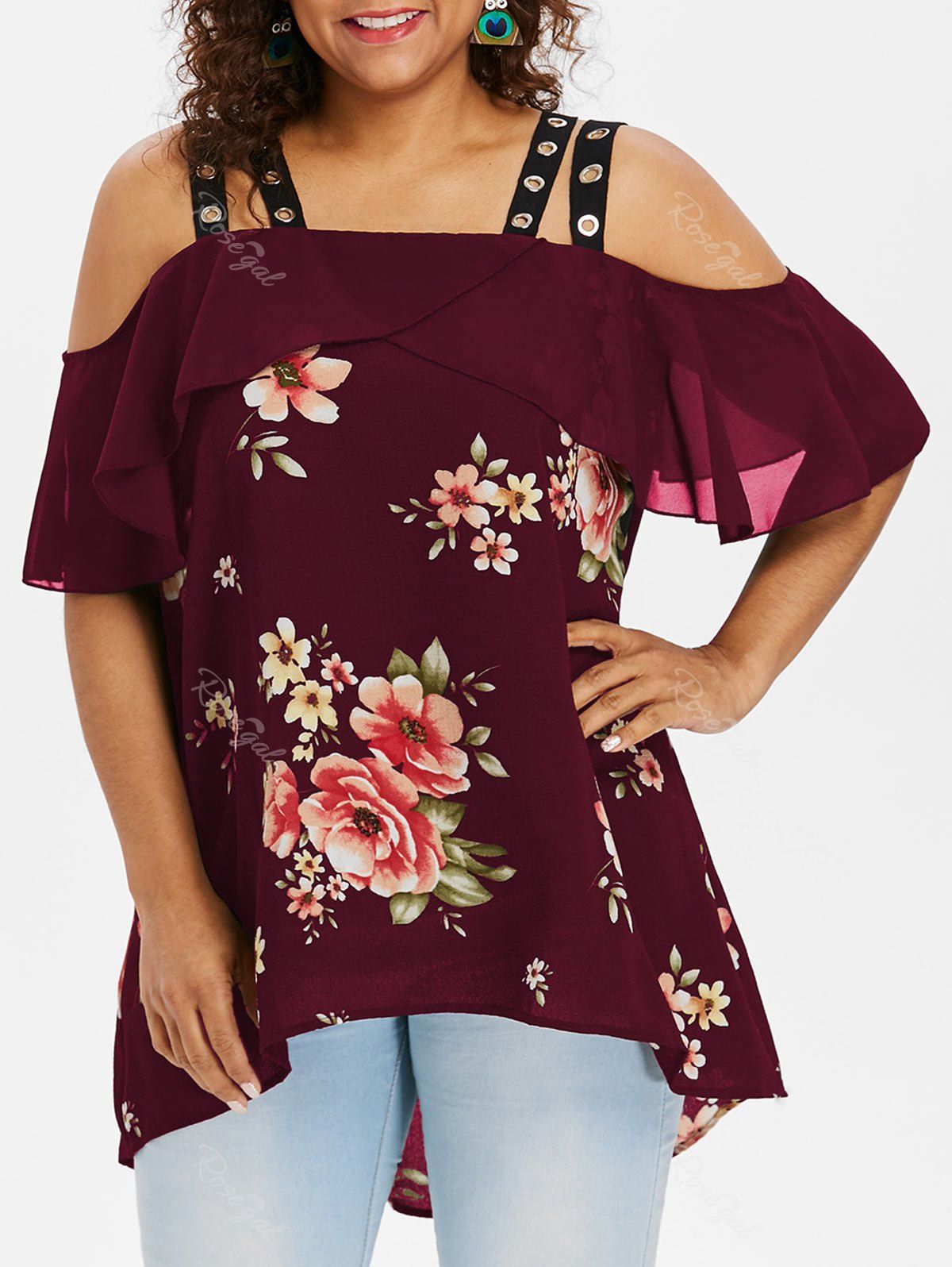 

Plus Size Floral Cold Shoulder Blouse, Red wine