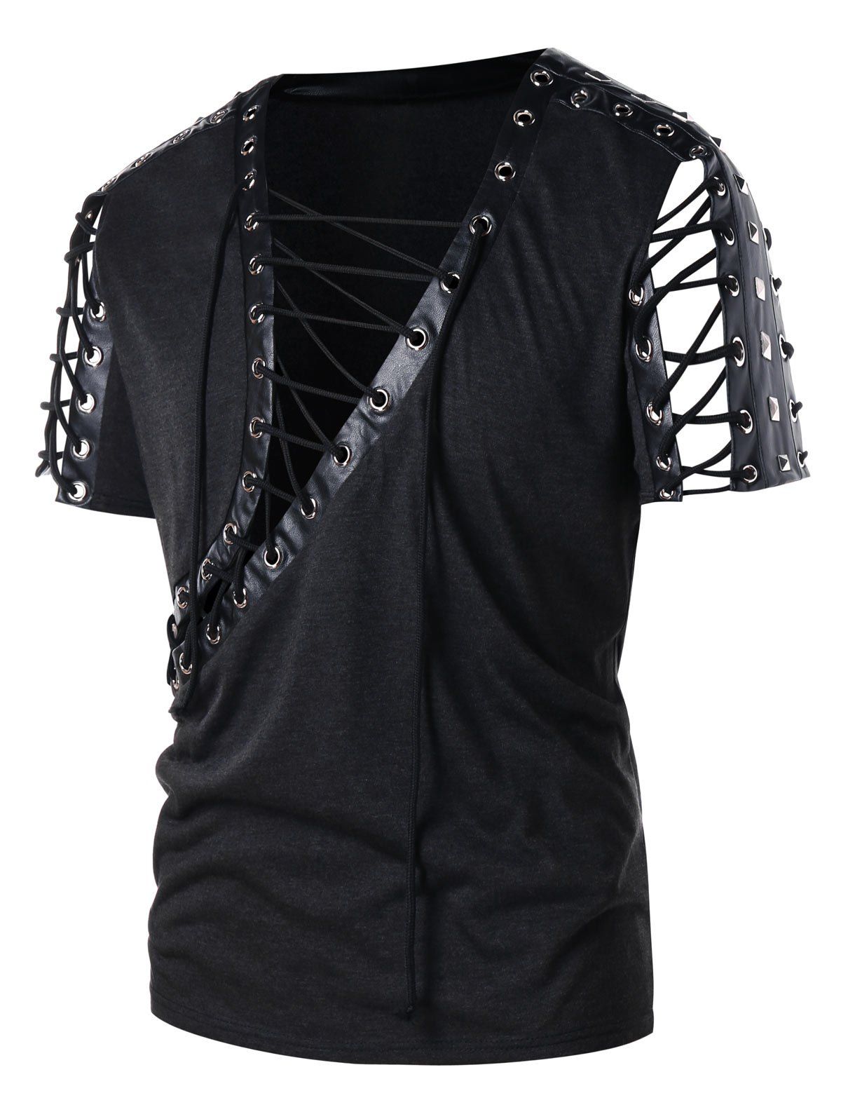 

Lace Up PU Leather Panel Rivet T-shirt, Ash gray