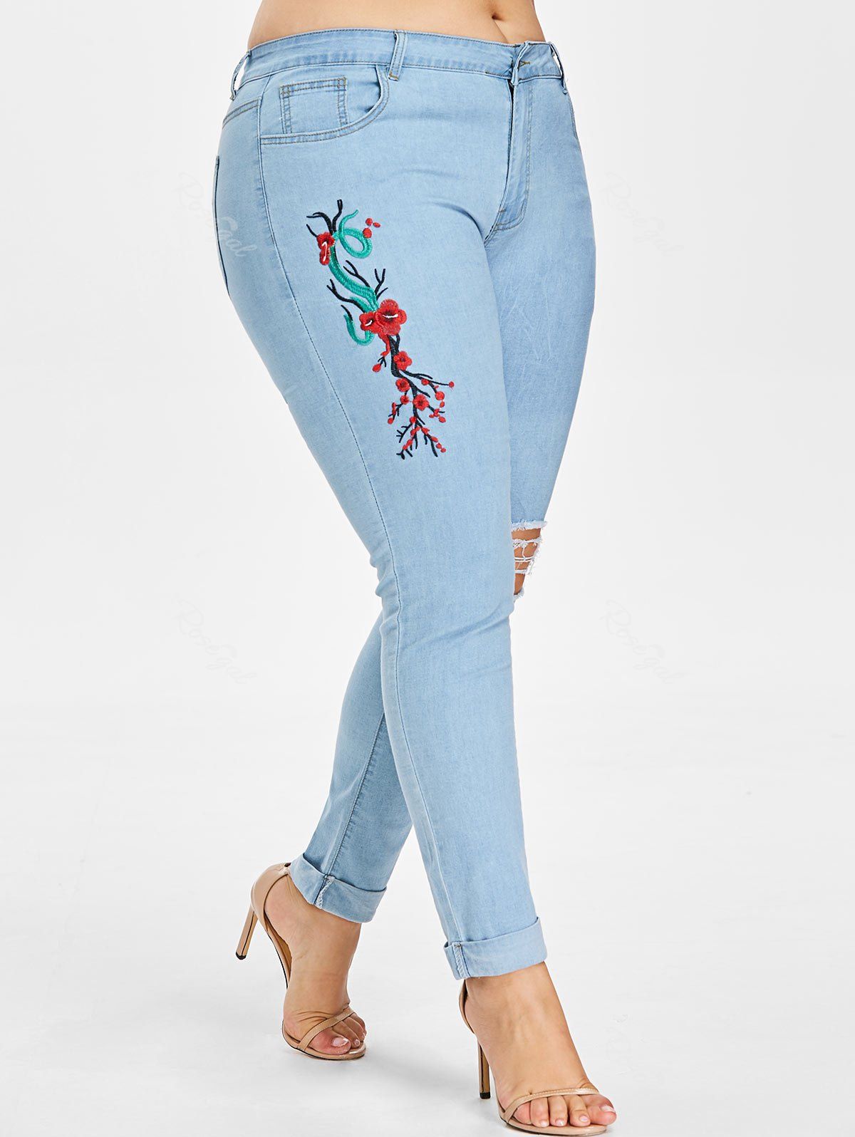 

Plus Size Embroidered Ripped Cuffed Jeans, Light blue