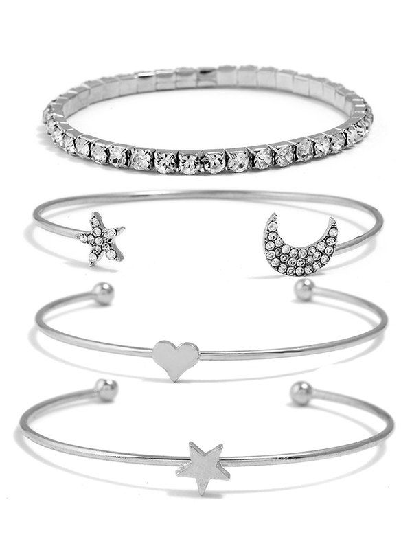 

Rhinestone Star Moon Heart Design Bracelets Set, Silver