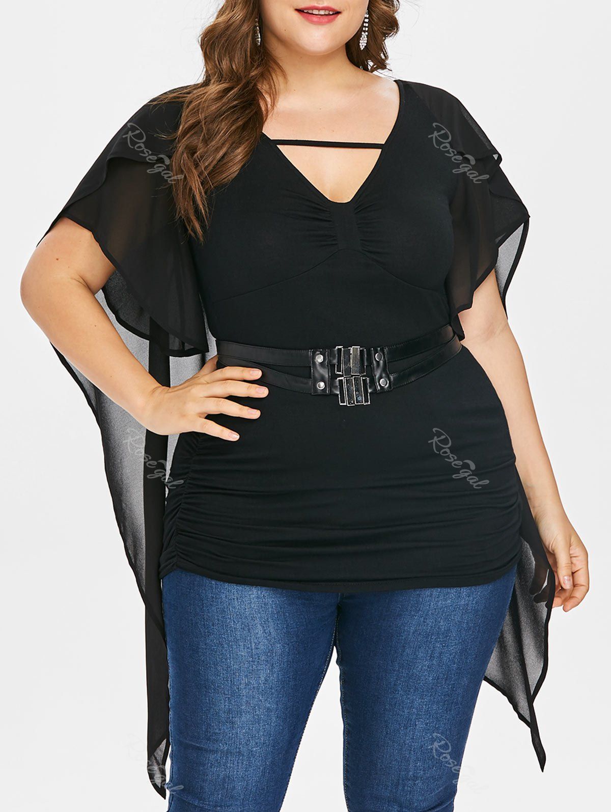 

Plus Size Bell Sleeve Capelet Blouse, Black