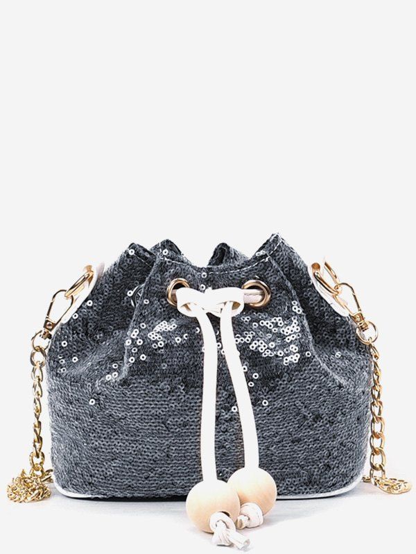 

Beaded Sequins Metal Chain Bucket Shaped Sling Bag, Black
