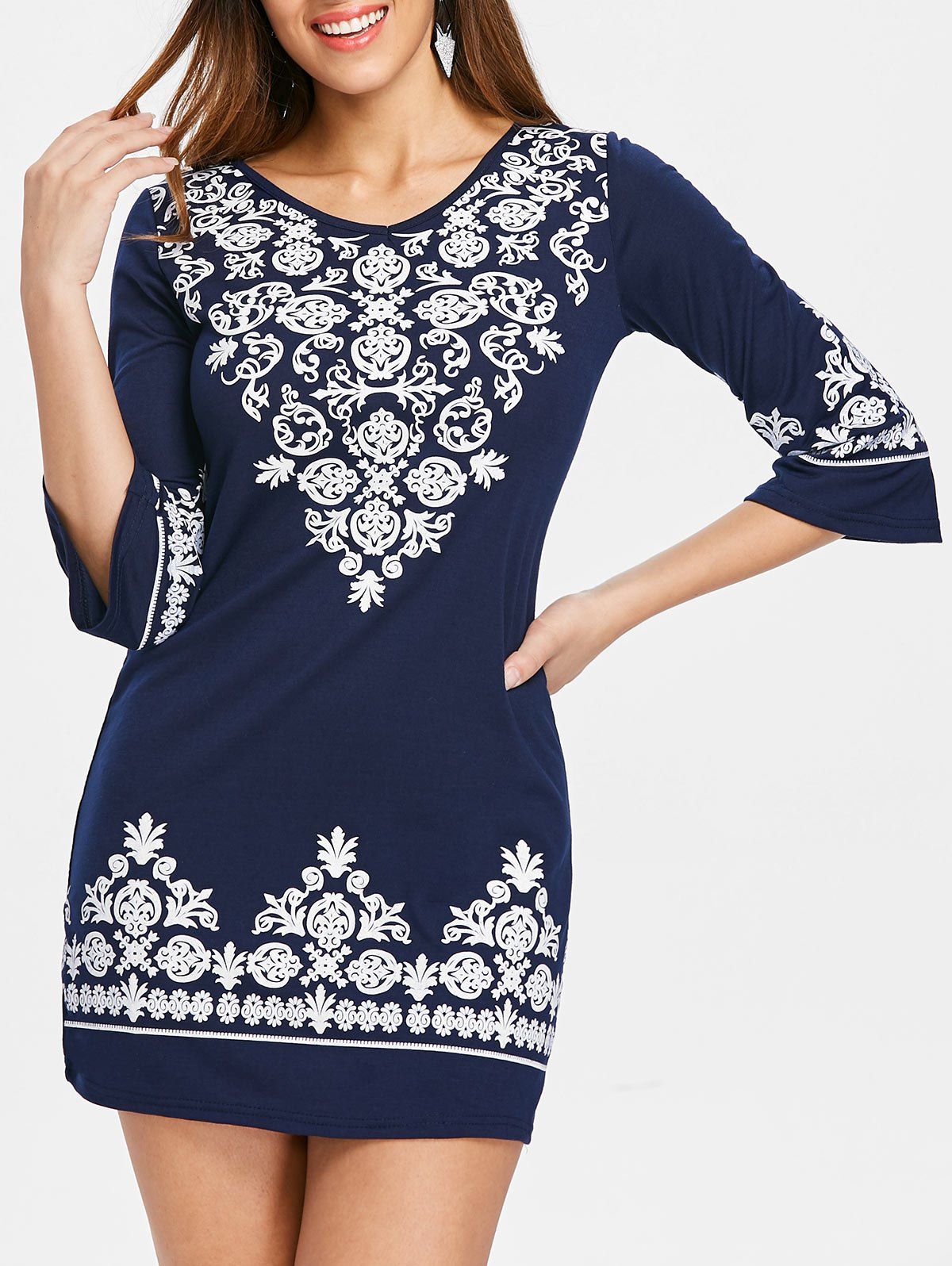 

V Neck Ethnic Print Shift Dress, Cadetblue