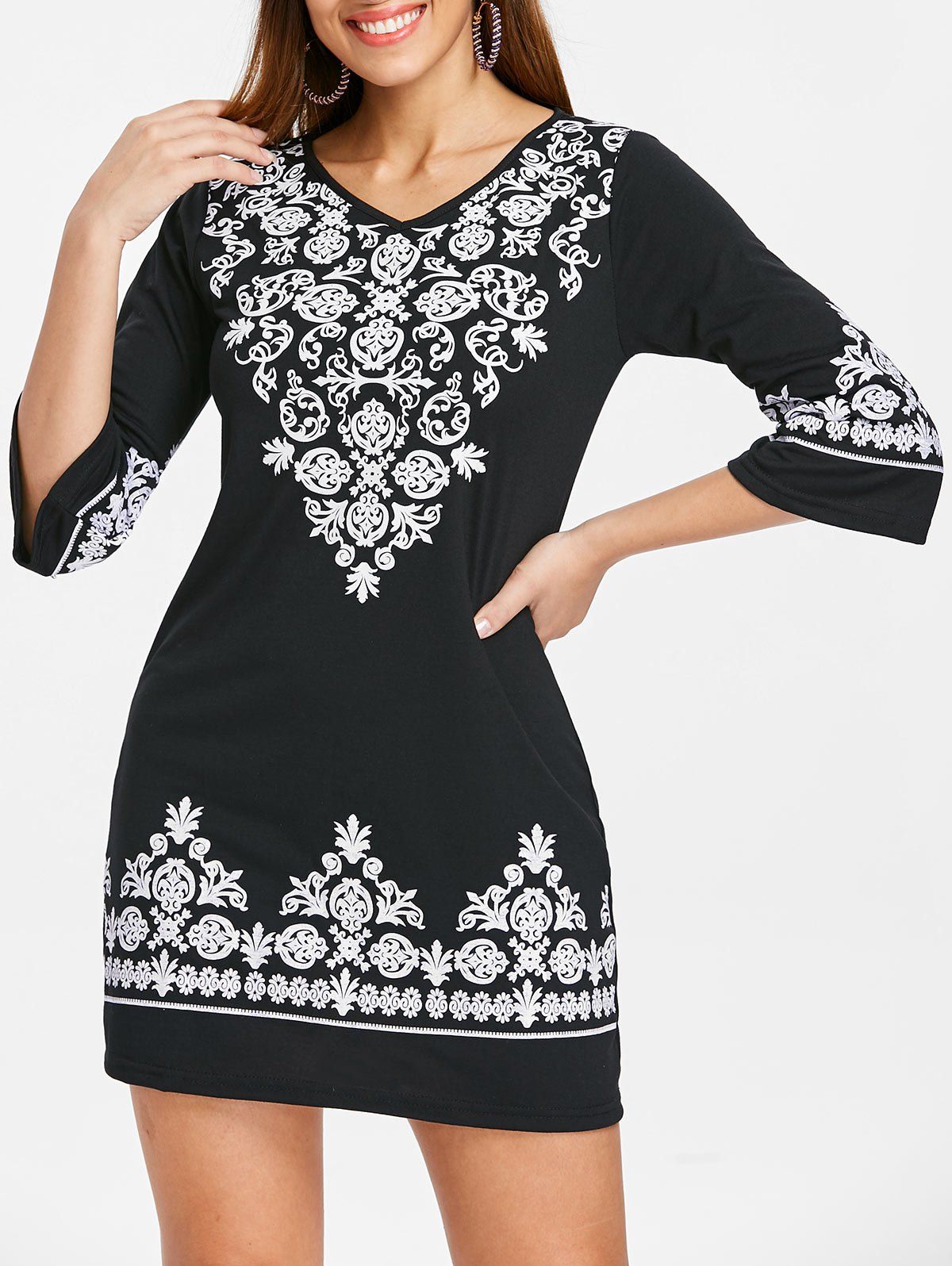 

V Neck Ethnic Print Shift Dress, Black