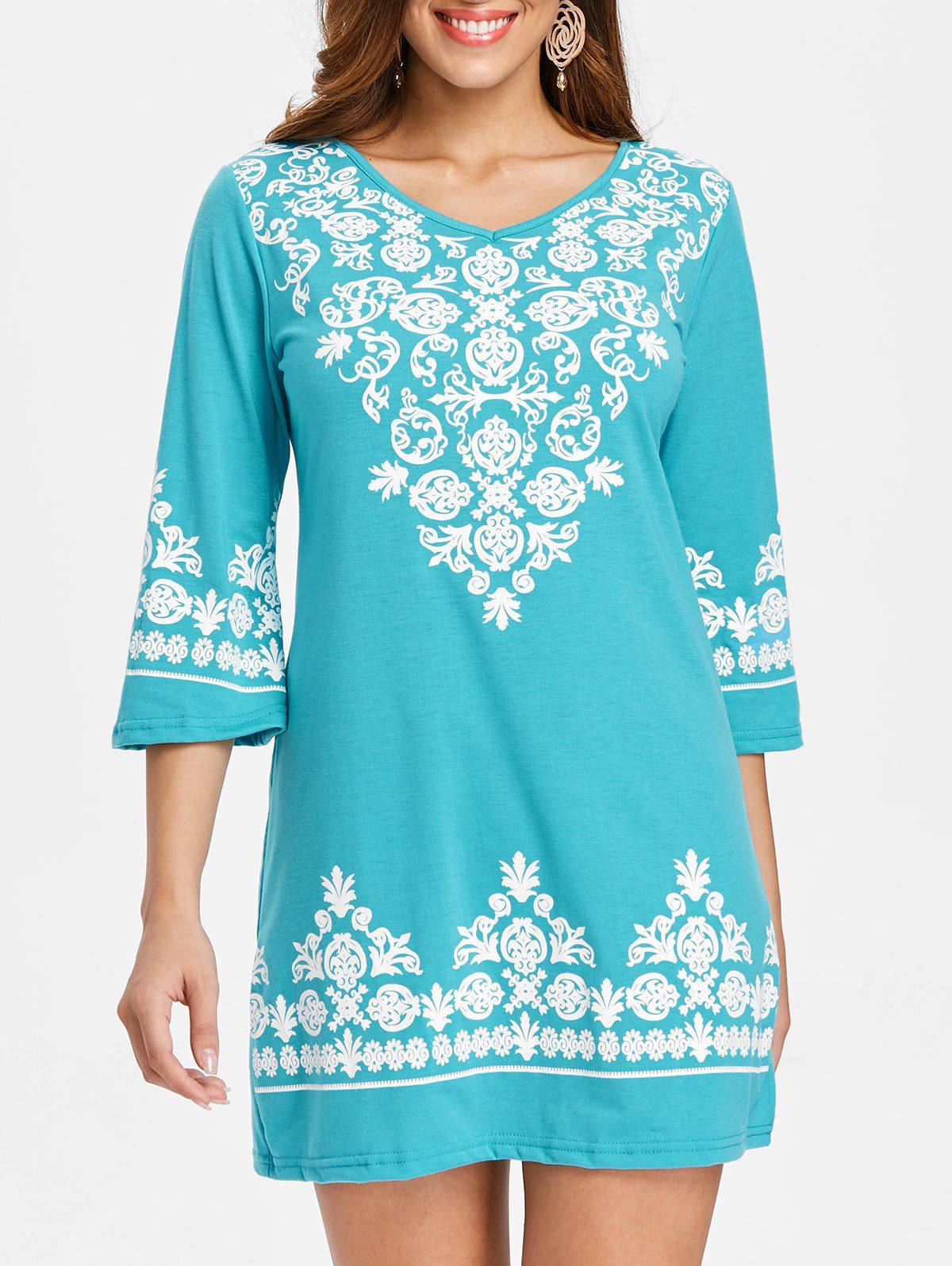 

V Neck Ethnic Print Shift Dress, Blue zircon