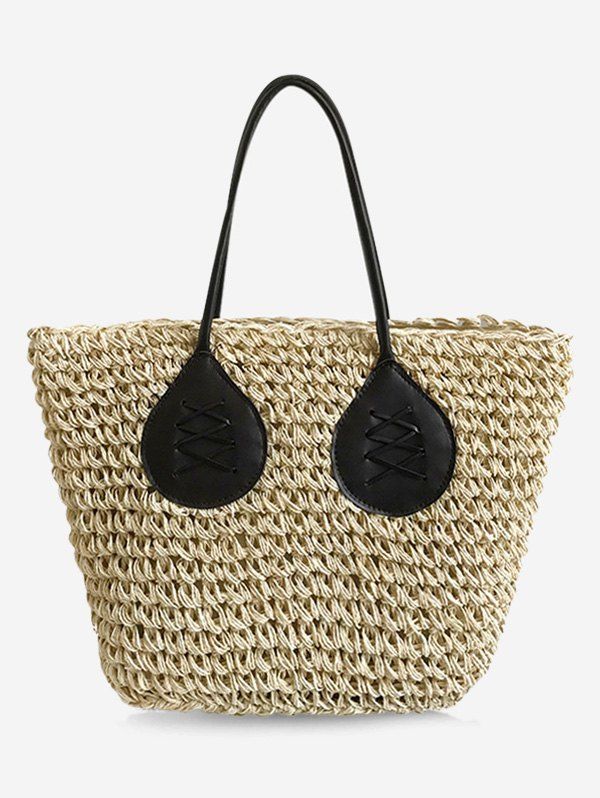 

Color Block Straw Large Capacity Travel Tote Bag, Beige