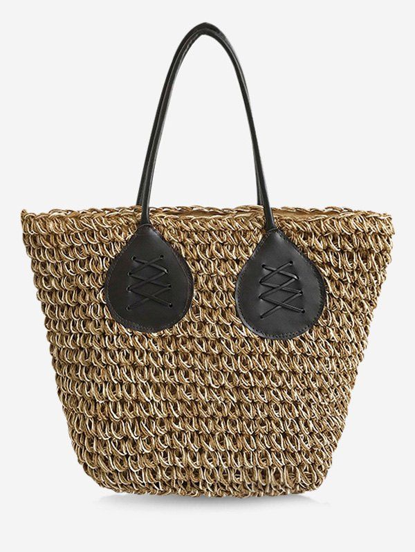 

Color Block Straw Large Capacity Travel Tote Bag, Light khaki