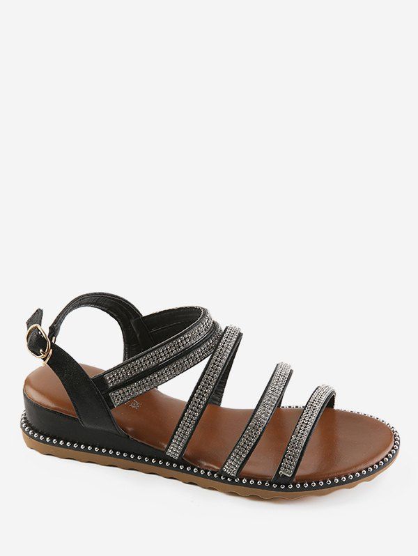 

Low Wedge Heel Rhinestone Multi Straps Sandals, Black