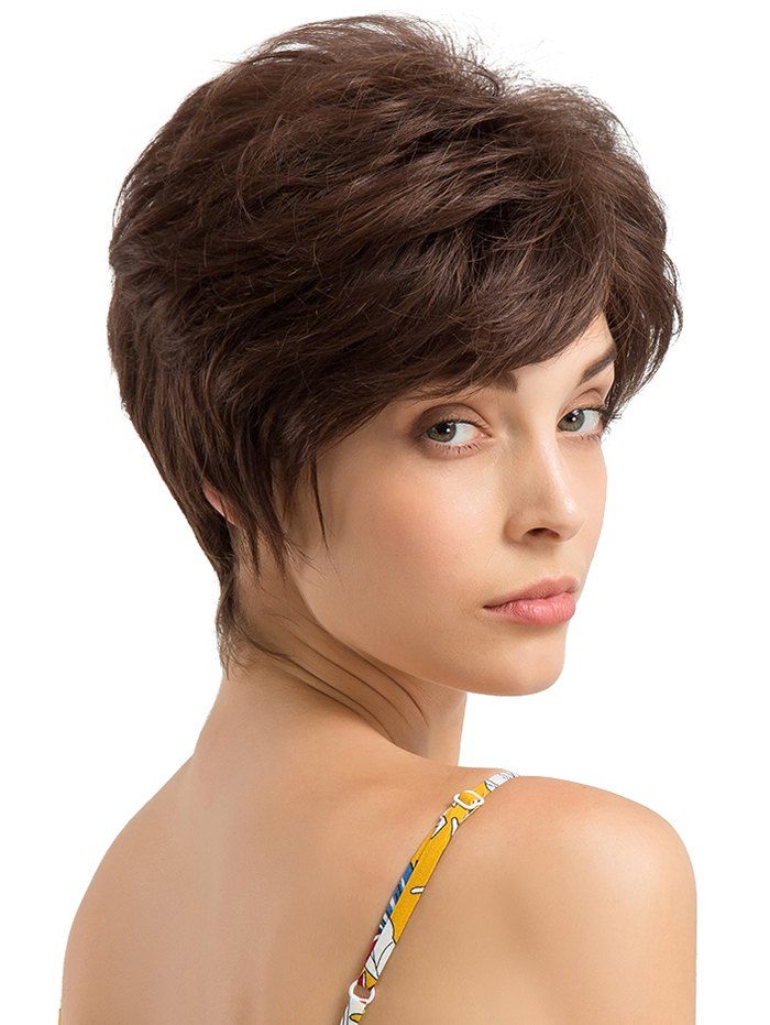 

Short Inclined Bang Layer Straight Human Hair Wig, Brown