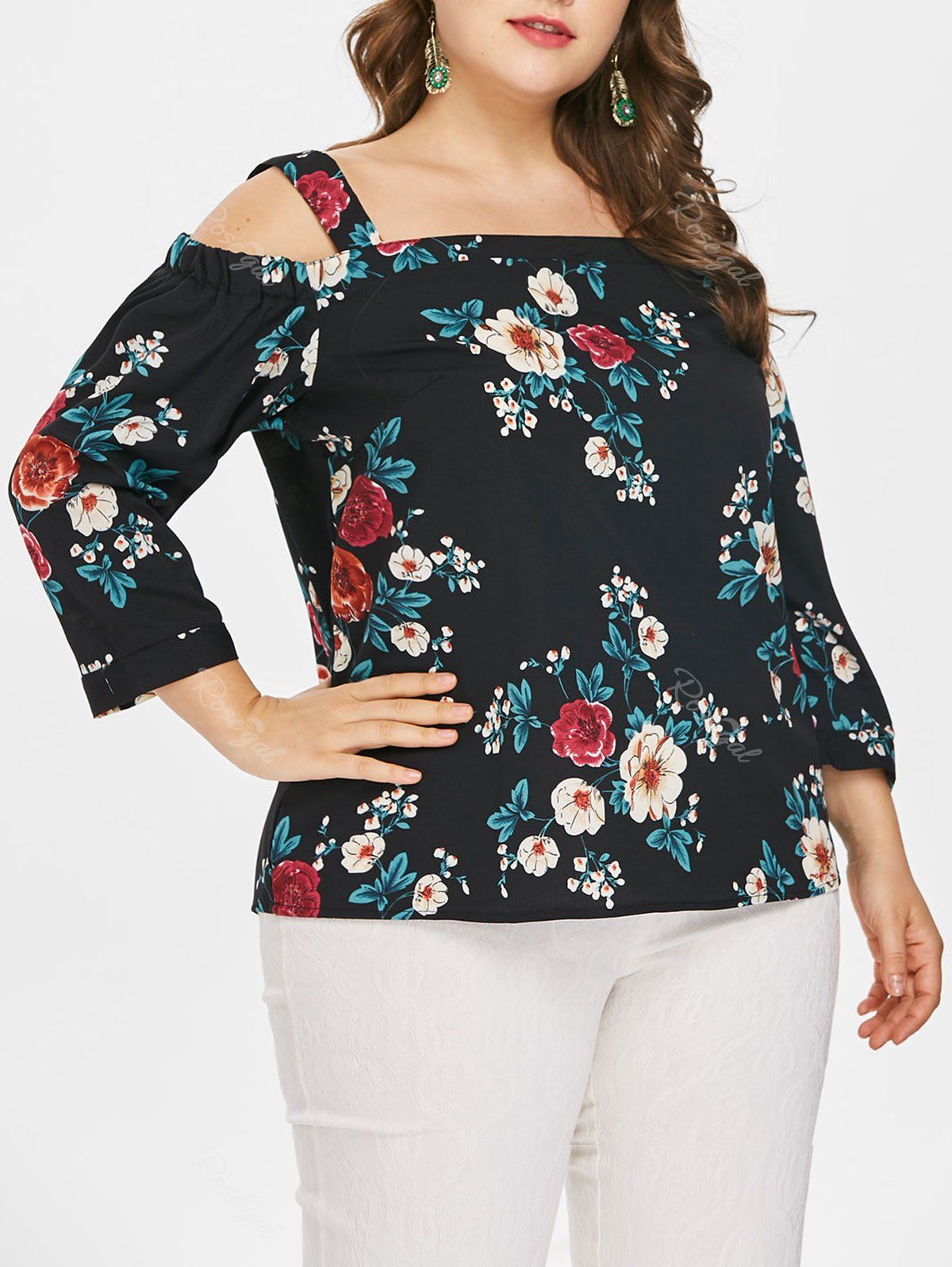

Plus Size Cold Shoulder Flower Blouse, Black
